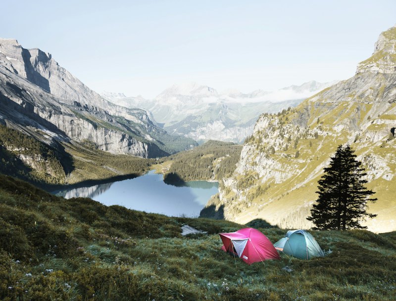 camping equipment by a lake